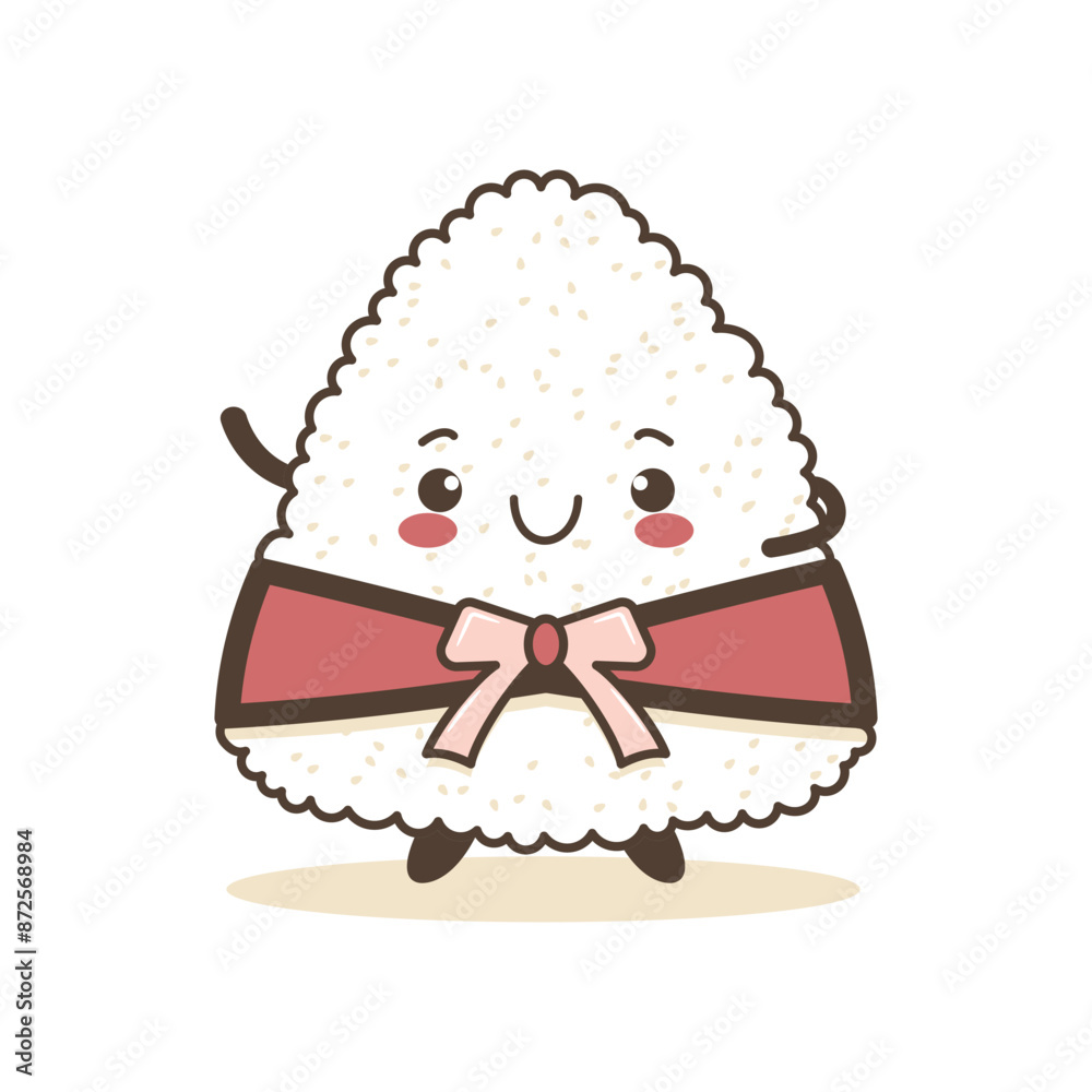 Cute Onigiri Rice Japanese Food Cartoon Character Wearing Pink Ribbon with Smile Expression Cute Onigiri Rice Japanese Food Cartoon Character Wearing Pink Ribbon with Smile Expression