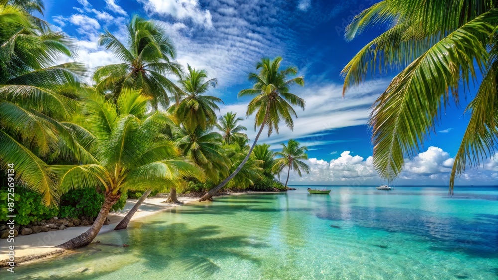 Obraz premium Tropical Paradise Palm Trees, White Sand Beach, and Crystal Clear Water