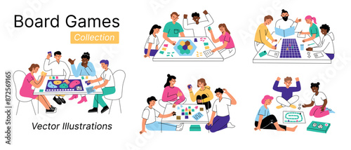 Vector illustration set of people playing boardgames. Friends, families enjoying card game at the table. Children, adults, elderly cartoon style characters. Fun leisure time, bonding and entertainment