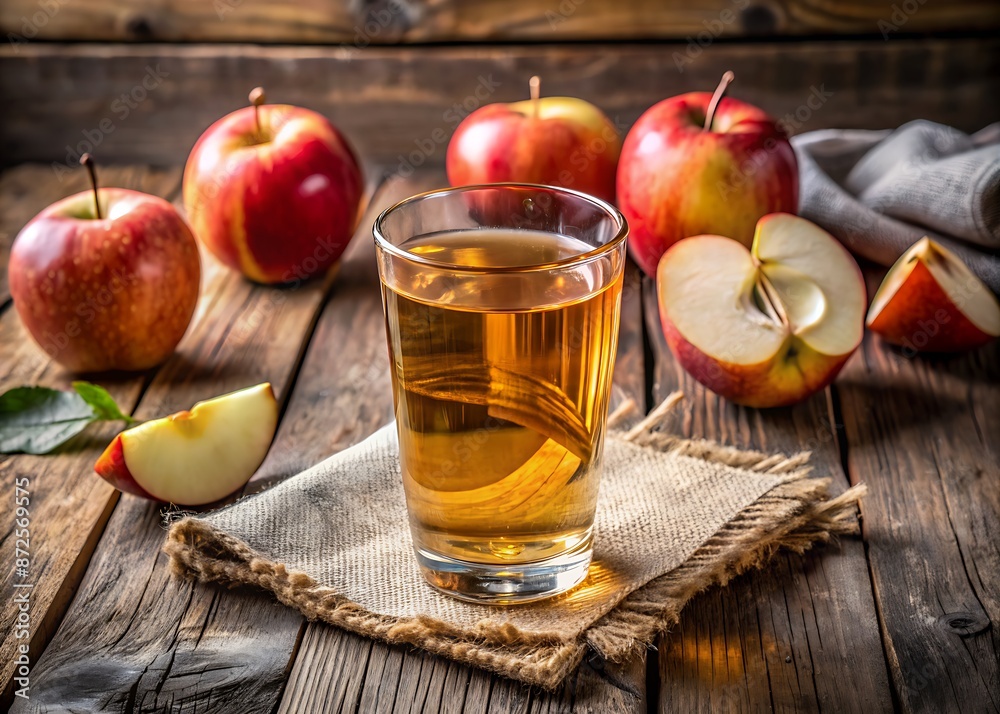 A refreshing glass of apple juice sits beside a crisp apple slice on a rustic wooden table, surrounded by soft natural light and minimal decor. A refreshing glass of apple juice sits beside a crisp apple slice on a rustic wooden table, surrounded by soft natural light and minimal decor.