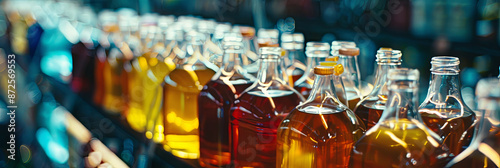 Wallpaper Mural close up of multiple glass bottles with brown and yellow liquid on display at market, generative AI Torontodigital.ca