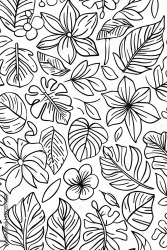A seamless pattern of black and white tropical flowers and leaves, creating a lush and vibrant design