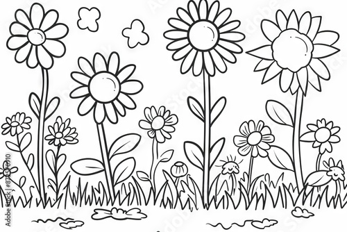 A simple black and white illustration depicting a field of daisies, some tall and some short, with leaves and stems