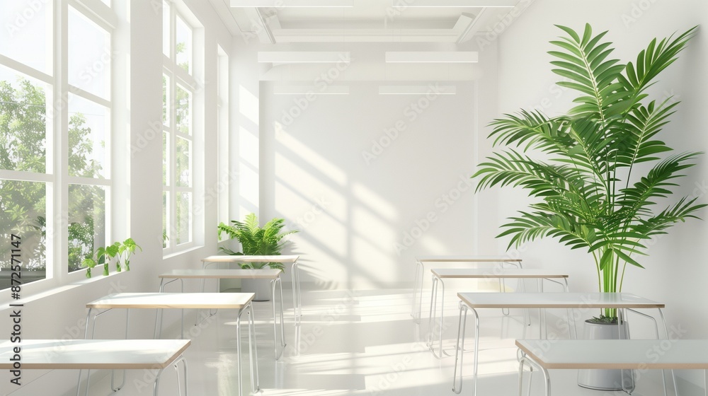 A modern minimalist classroom with clean lines, white surfaces, and a touch of green from indoor plants A modern minimalist classroom with clean lines, white surfaces, and a touch of green from indoor plants