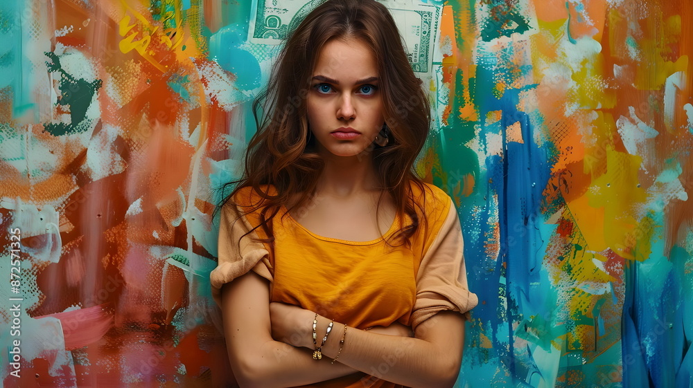 Fototapeta premium Young Woman Bold Stance Colorful Abstract Background Attitude Fashion
