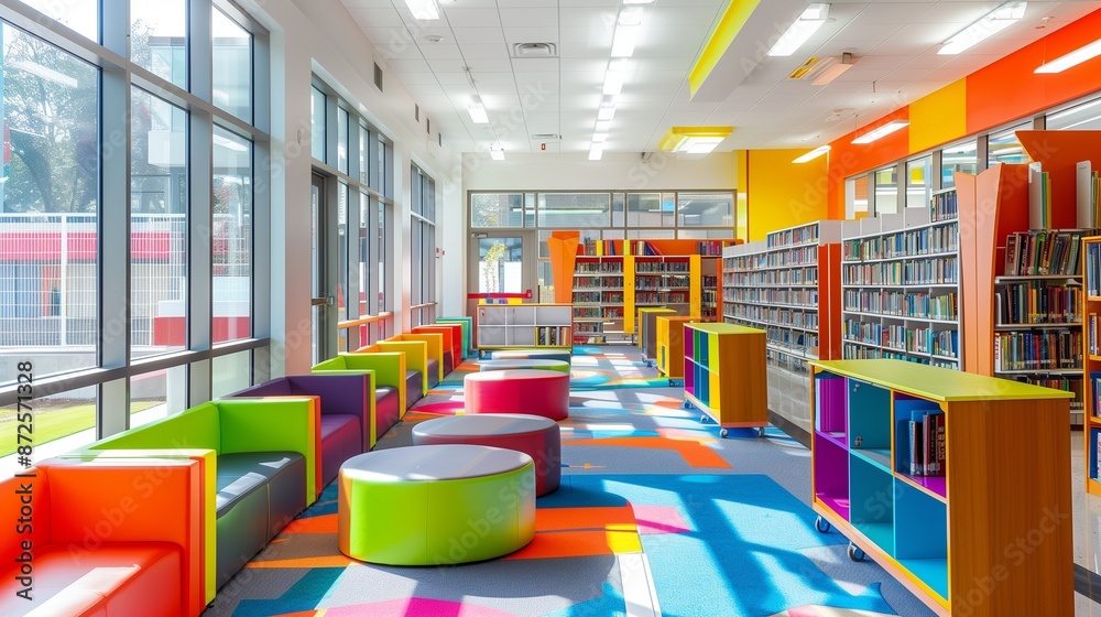 A modern school library with vibrant seating and bright, colorful decor A modern school library with vibrant seating and bright, colorful decor