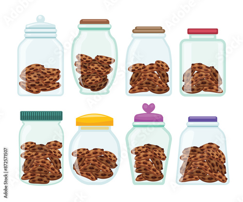 Set of transparent cookie jar with tasty chocolate cookies jar collection, homemade biscuits inside, plastic jar container vector front view for snack or cookies, Cartoon style. Vector illustration.