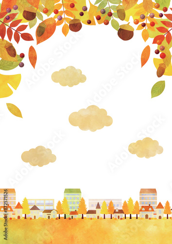 秋、紅葉、街並み、都市、かわいい、イラスト、背景、縦