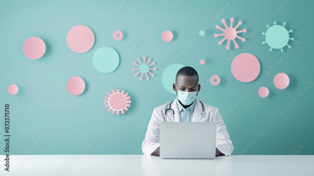 A magazine cover photo featuring a doctor engaged in a virtual consultation using a laptop, stylish and polished, high-end aesthetics, striking background, vivid colors A magazine cover photo featuring a doctor engaged in a virtual consultation using a laptop, stylish and polished, high-end aesthetics, striking background, vivid colors