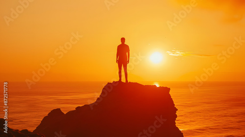 man standing on rock looking straight. Nature and beauty concept. Orange sundown. silhouette at sunset © terryyip