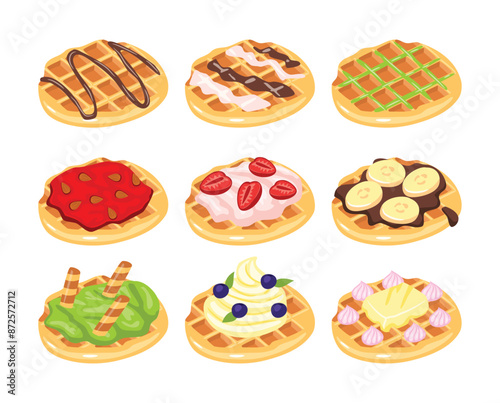 Set of croffle with Filling and Topping collection, croissant waffle Korean pastry with different toppings ; chocolate, strawberry, banana, cream, matcha, berry and ice cream, vector illustration.