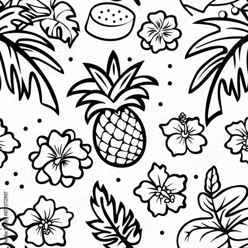 A seamless pattern featuring a pineapple, palm leaves, and hibiscus flowers in black and white