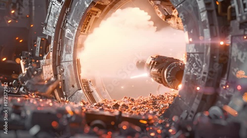 Detailed spaceship mechanics burst into flame during ignition photo