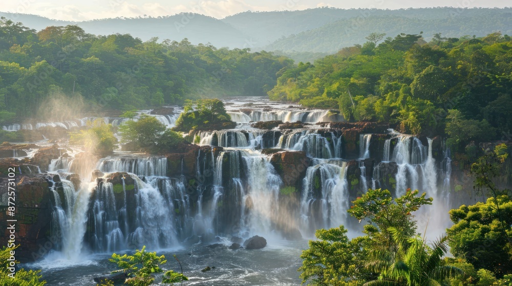 Fototapeta premium A waterfall with a lush green forest in the background