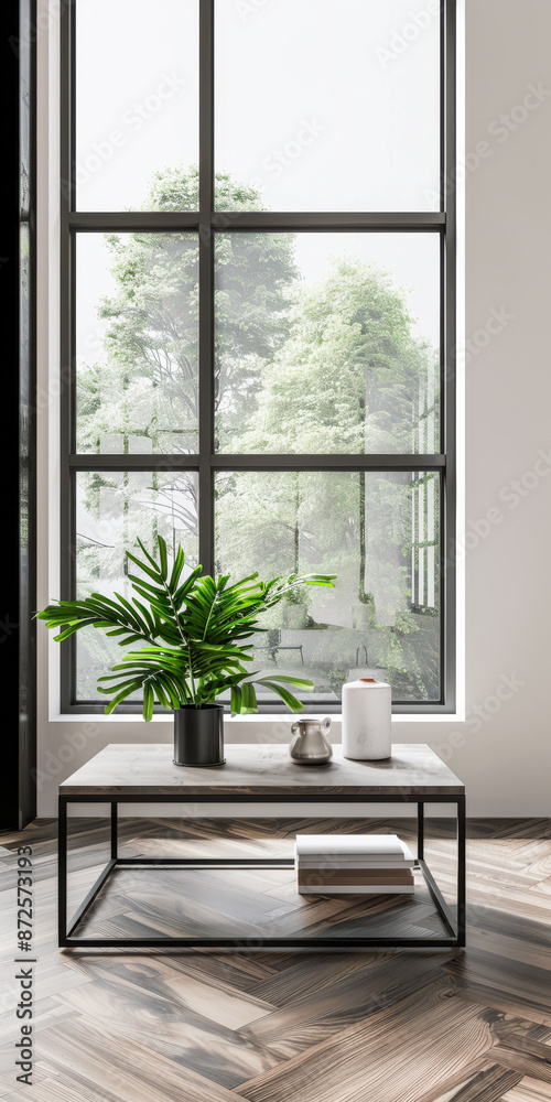 Fototapeta premium Luxury apartment interiors in dark contrasting colors with a a window, a coffee table and minimal furniture arrangements. Premium Real Estate property concept image.