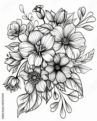A hand-drawn bouquet of flowers in intricate detail, rendered in black ink on a white background. The flowers are fully bloomed and arranged in a lush cluster