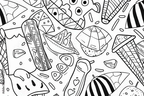 A black and white illustration featuring a variety of abstract shapes and patterns, including geometric forms, swirls, and lines. The design suggests a playful and imaginative world