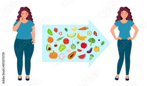 Woman lost weight after the diet. Young sad overweight woman and an equally happy woman with a slim body and healthy food in between.