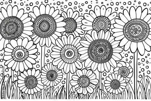 A field of intricately detailed daisies, outlined in black and white, with circular patterns within the petals and center