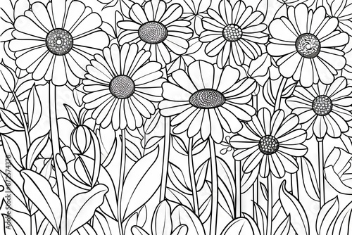 A close-up view of a cluster of daisies in full bloom, drawn in intricate detail in black and white