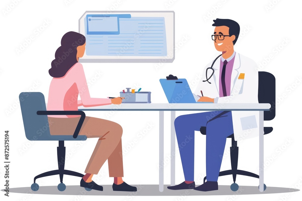 A cheerful doctor sitting at their desk, talking to a patient seated across from them. The doctor has a friendly expression and is holding a pen and a notepad. A cheerful doctor sitting at their desk, talking to a patient seated across from them. The doctor has a friendly expression and is holding a pen and a notepad.