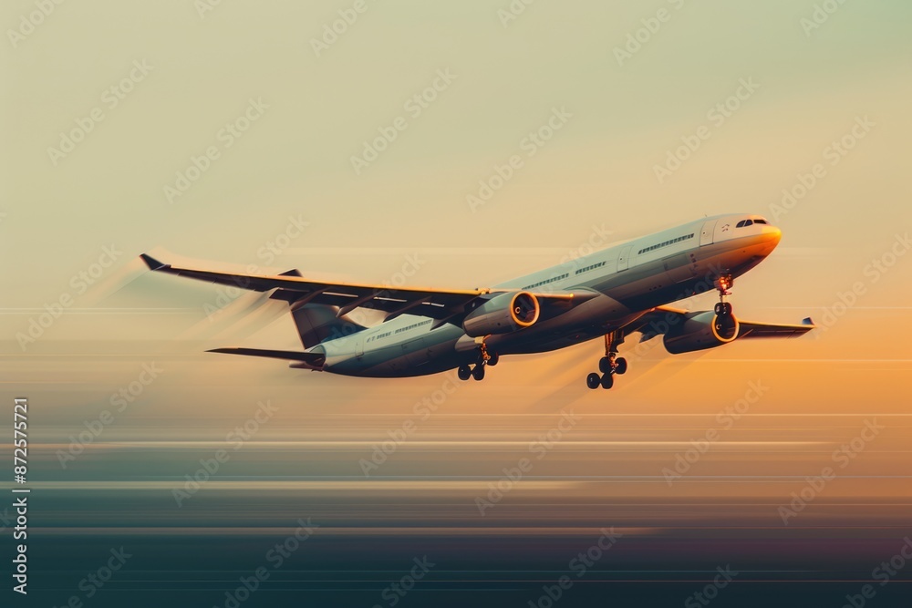 Obraz premium A large cargo plane is captured mid-flight with a dynamic motion blur background, symbolizing the swift nature of air shipping. The image showcases the plane against a gradient sky.