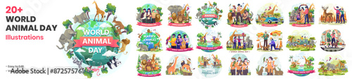 Mega Collection of World Animal Day Illustration. Wildlife Day, Animals on the Planet, Animals Around the World With Zoo Keeper. Happy Animal Day Flat Vector Illustration