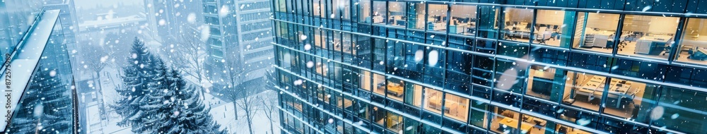 Obraz premium Aerial Winter Snow Scene Featuring Modern Sustainable Green Buildings with Glass Office Towers and Trees Reducing Heat and CO2 in a City, Perfect for Labor Day and World Environment Day, AI-Generated,