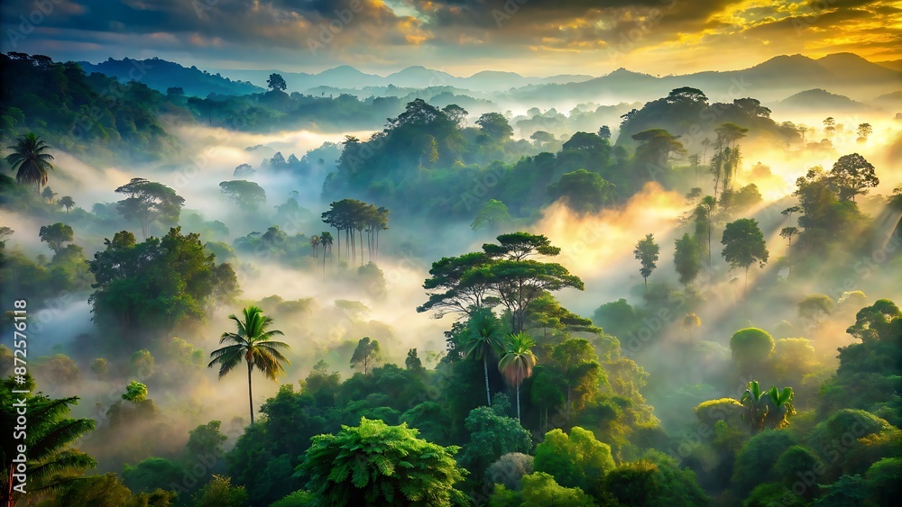 Ethereal mist envelops a tropical forest at dawn, softening vibrant greens and transforming the ordinary into an enchanting, mystical atmosphere of serene and mysterious beauty. Ethereal mist envelops a tropical forest at dawn, softening vibrant greens and transforming the ordinary into an enchanting, mystical atmosphere of serene and mysterious beauty.