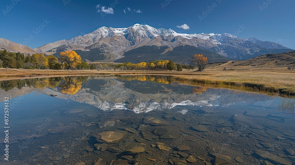 Fototapeta premium A large body of water with a mountain in the background