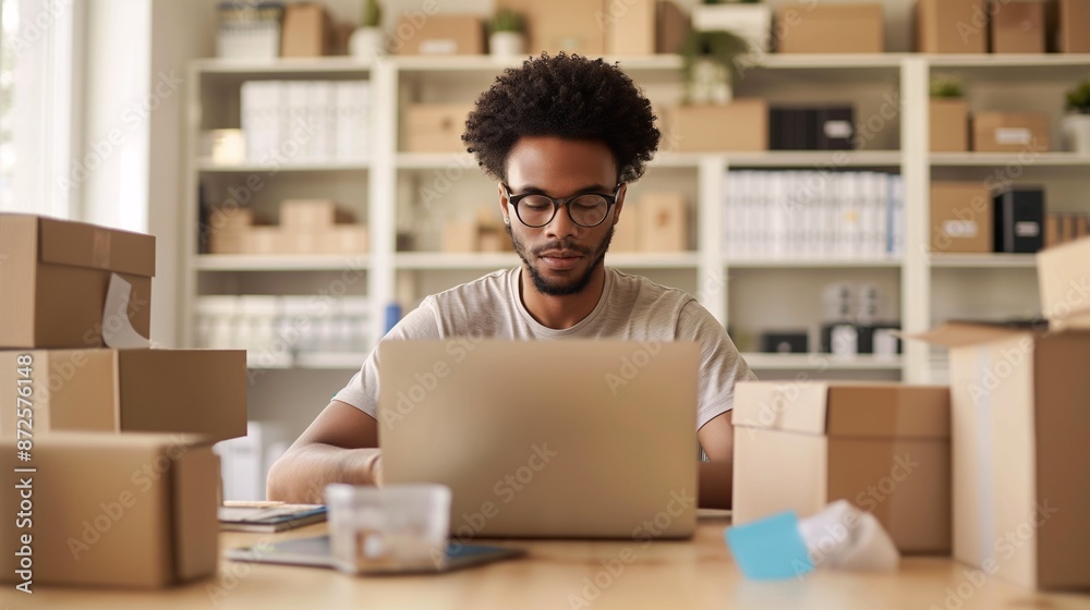 An online seller taking inventory of stock in a home office An online seller taking inventory of stock in a home office