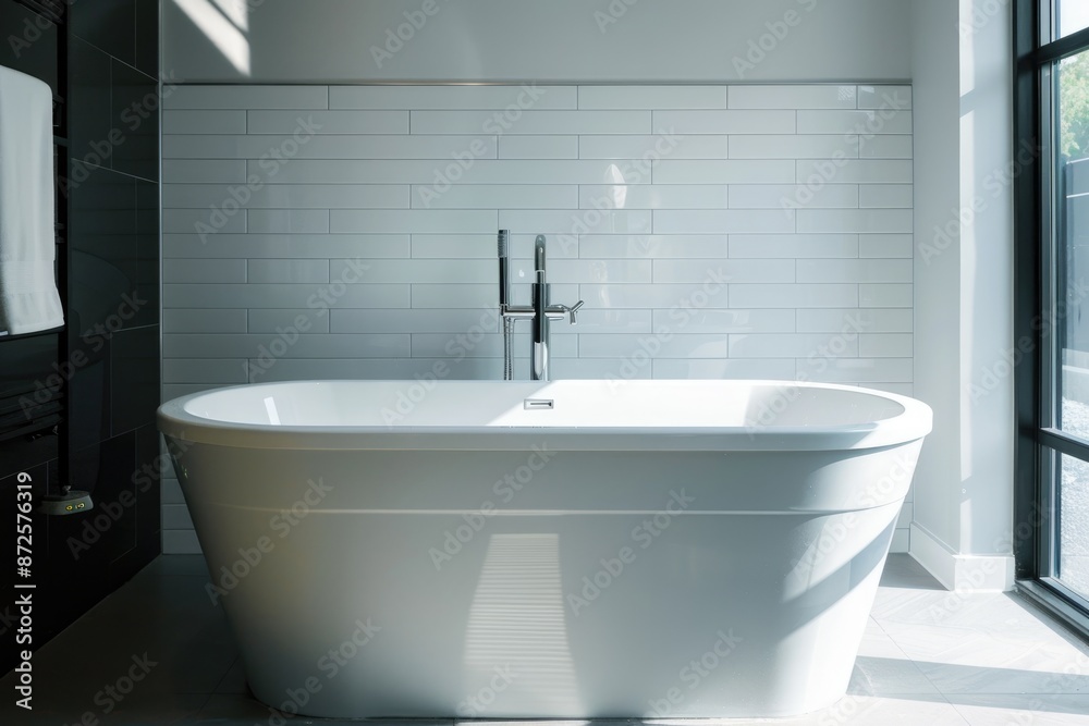 Fototapeta premium Contemporary bathroom with a freestanding tub, modern fixtures, and minimalist design