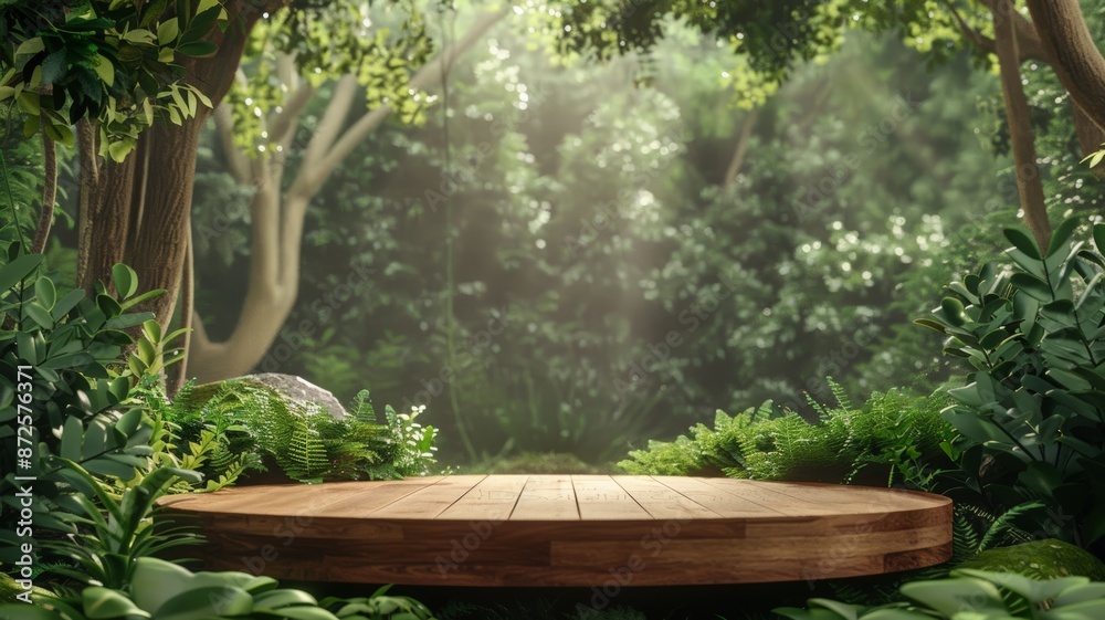 A serene sunlit wooden podium nestled amidst lush verdant forest greenery A serene sunlit wooden podium nestled amidst lush verdant forest greenery