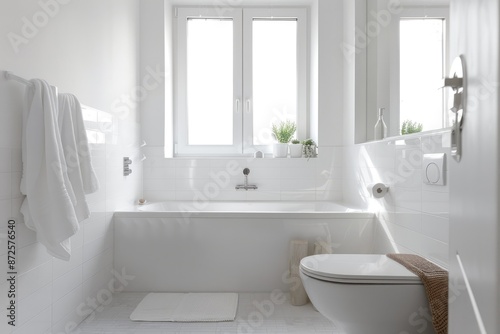 Minimalist white bathroom with cozy accents, clean lines, and soft lighting