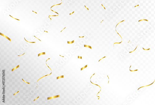 Confetti explosion on transparent background. Shiny gold paper pieces flying and spreading. spinning, colorful gold, celebration, simple design eps 10