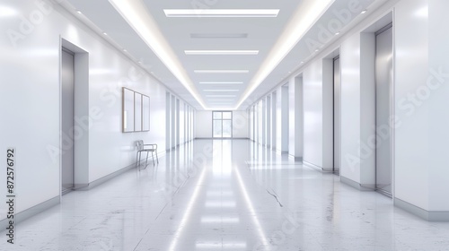 An empty school hallway with white walls, minimalist decor, and bright lighting