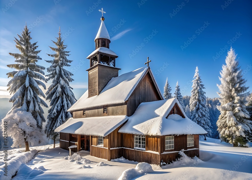 Snow-covered Stabkirche in Hahnenklee stands serene amidst winter's blanket of white, its wooden architecture and steeply pitched roof a striking contrast to the frozen landscape. Snow-covered Stabkirche in Hahnenklee stands serene amidst winter's blanket of white, its wooden architecture and steeply pitched roof a striking contrast to the frozen landscape.