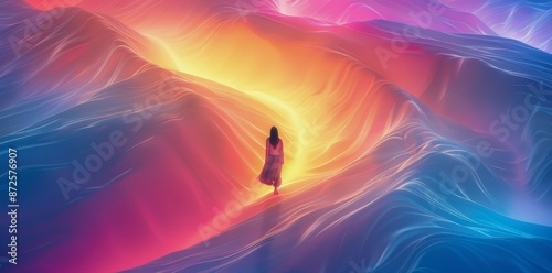 Woman Walking Along A Glowing Path Through Colorful Mountains