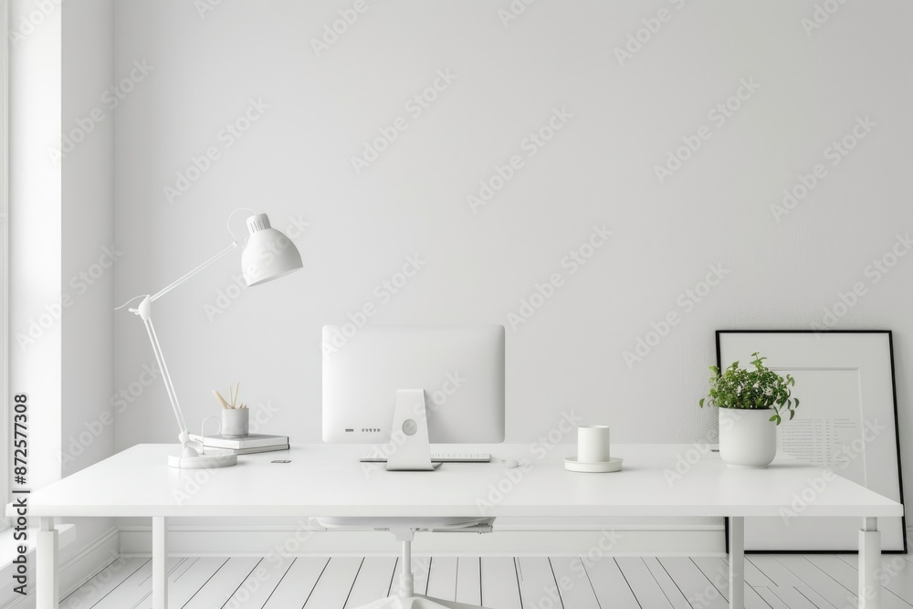 Clean and uncluttered white office space with a white desk and minimalistic decor, promoting focus. Clean and uncluttered white office space with a white desk and minimalistic decor, promoting focus.