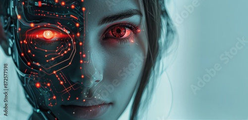 Close Up Portrait of Woman With Circuitry Pattern and Red Eyes