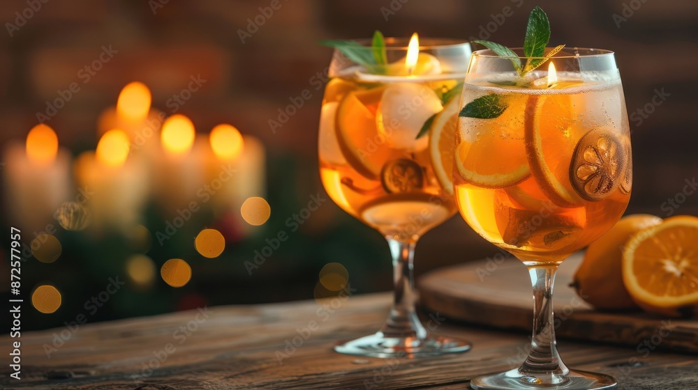 Two glasses of orange juice with mint leaves and candles in the background Two glasses of orange juice with mint leaves and candles in the background