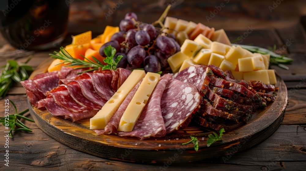 Delightful Pastrami Platter with Exotic Cheeses and Fruits on Wooden Background in Realistic Warm Lighting Photography Delightful Pastrami Platter with Exotic Cheeses and Fruits on Wooden Background in Realistic Warm Lighting Photography