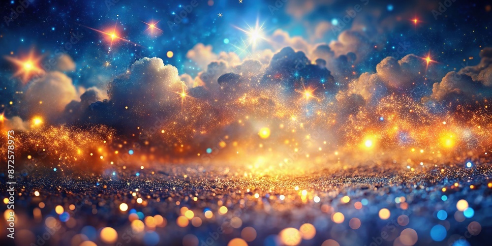 Vibrant abstract background featuring sparkling glitter particles, shimmering bokeh lights, and swirling clouds of blue and orange hues, evoking a sense of magic and wonder. Vibrant abstract background featuring sparkling glitter particles, shimmering bokeh lights, and swirling clouds of blue and orange hues, evoking a sense of magic and wonder.