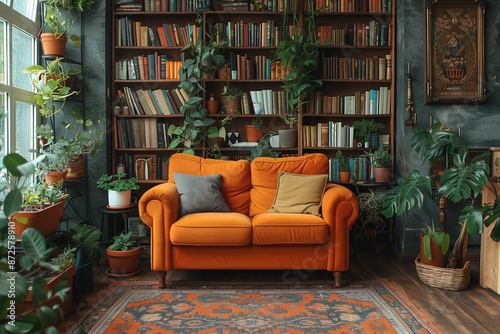 A living room with an orange sofa, surrounded by plants and bookshelves © Wirestock