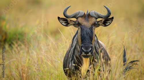 A blue wildebeest (Connochaetes taurinus) staring directly at the camera, photographed in the Mara Naboisho Conservancy in Kenya