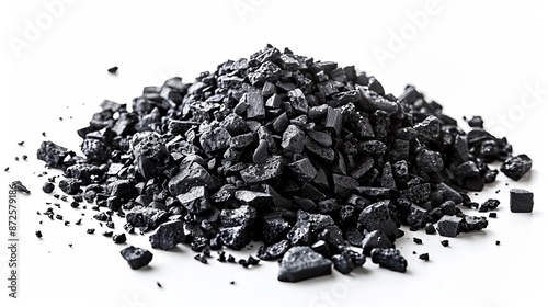 A handful of activated carbon granules, typically black and granular, displayed against a clean white background