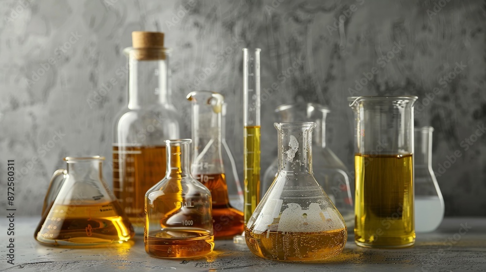 Close-up of beakers, flasks, and test tubes containing various types of oils, arranged on a grey textured table. Close-up of beakers, flasks, and test tubes containing various types of oils, arranged on a grey textured table.
