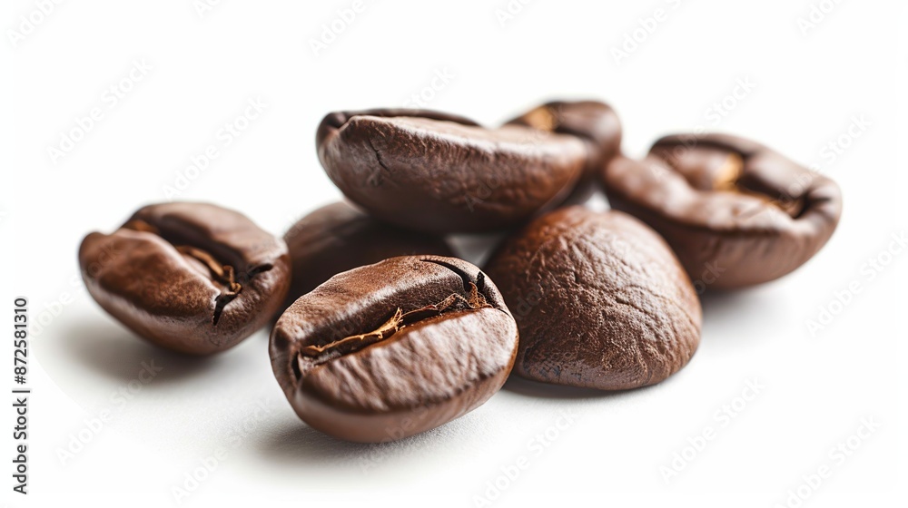 Coffee beans scattered on a clean white background, showcasing their texture and rich color, perfect for coffee-related presentations or advertisements. Coffee beans scattered on a clean white background, showcasing their texture and rich color, perfect for coffee-related presentations or advertisements.