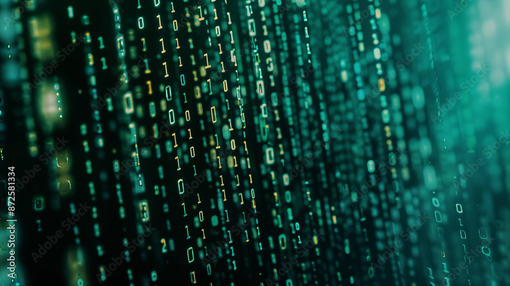 コンピューターのバイナリーコードが流れているパソコン内部のデジタルイメージ描いたリアルイラスト