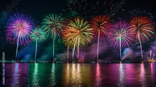 Colorful fireworks lighting up the night sky over the sea, set against a black background in Pattaya, Thailand, capturing the essence of celebration and holiday festivities. © Yusif